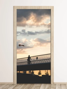 Cyclist door wallpaper FP 6284 - Modern interior design with light-colored walls and wooden flooring.