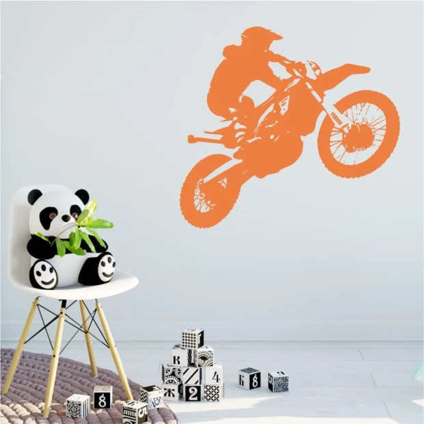 Wall sticker motorcyclist 2319 - Decor for a child\'s room. Light-colored walls, modern furniture.
