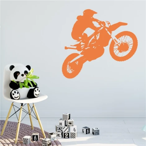 Wall sticker motorcyclist 2319 - Decor for a child\'s room. Light-colored walls, modern furniture.