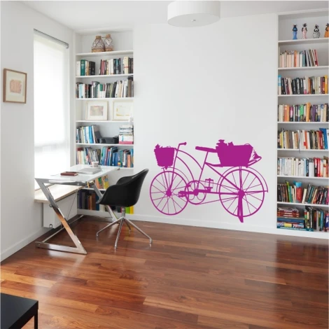 Wall sticker bicycle 2323 - Office decor. Light-colored walls, wooden floor, bookshelf with books.
