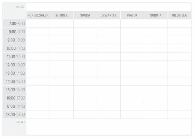 Weekly planner dry-erase board 296 Polish version - Rectangular board with a grid for hours and days of the week.
