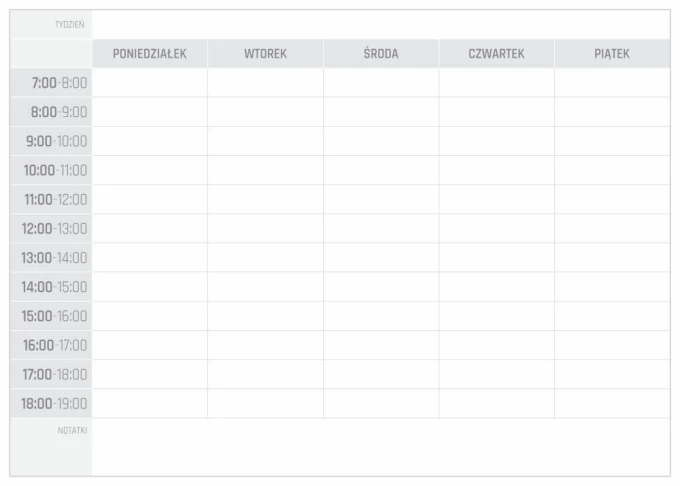 Weekly planner dry-erase board 299 Polish version - Simple grid with hours and days of the week.