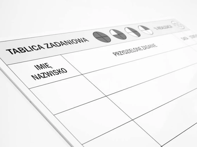 Dry-erase task board 089 - Graphic design. Simple layout with fields for name, surname, and tasks.