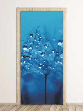 Door wallpaper FP 6287 - Graphic design. Blue background with water droplets on delicate stems.