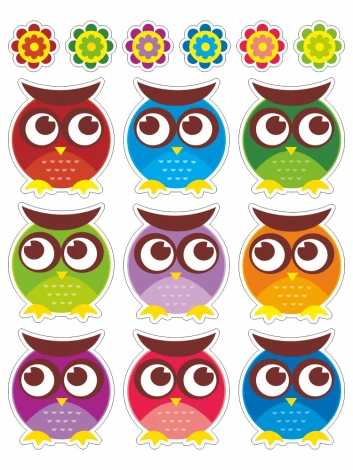 Colorful owl wall stickers set 2387 - Ten owls in various shades with flowers.