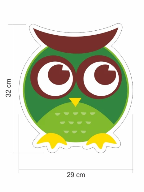 Colorful owl wall stickers set 2387 - Graphic design featuring a round owl with big eyes, green body, and brown accents.
