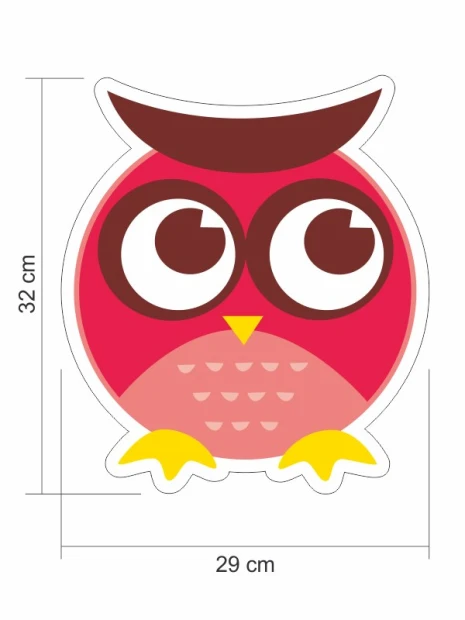 Colorful owl wall stickers set 2387 - Graphic design. Pink owl with big eyes and yellow feet.