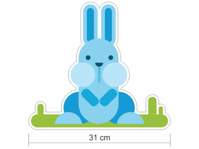 Colorful animal wall stickers set 2385 - Graphic design. Blue rabbit sitting on green grass with large flowers.