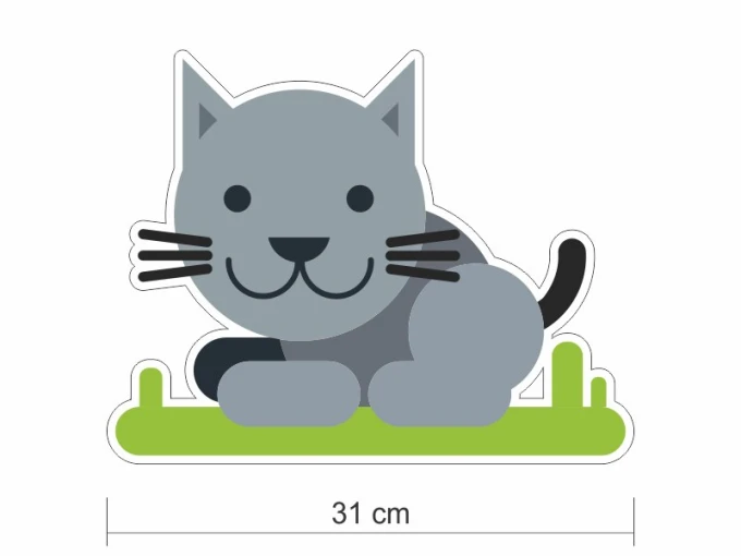 Colorful animal wall stickers set 2385 - Graphic design. Gray cat lying on green grass.
