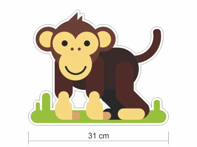 Colorful animal wall stickers set 2385 - Graphic design featuring a smiling monkey, green grass, and simple shapes.