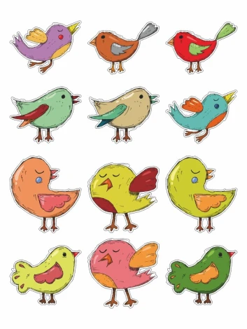 Wall stickers set birds 2388 - Graphic design. Colorful birds in various poses on a white background.