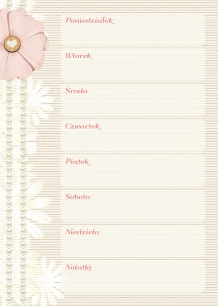 Magnetic dry-erase weekly planner with floral design and pearls on a striped background.