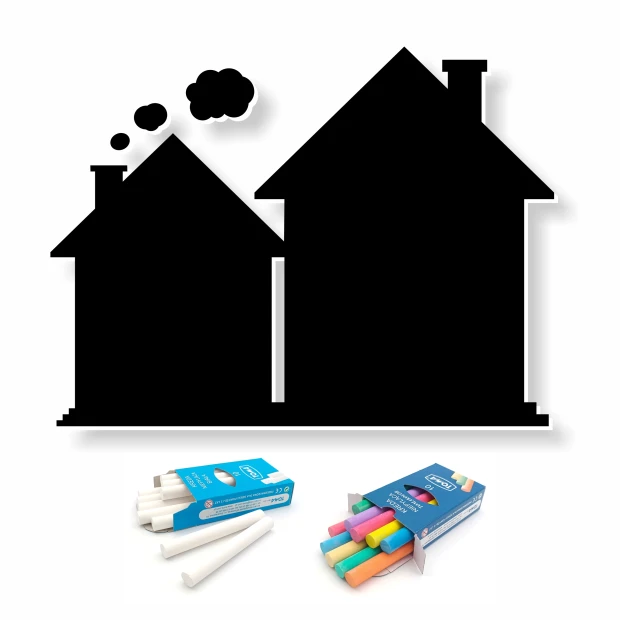 Chalkboard for kids with a graphic design of two rectangular houses and smoke from the chimney.