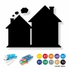 Chalkboard for kids with a graphic design of two rectangular houses and smoke from the chimney.
