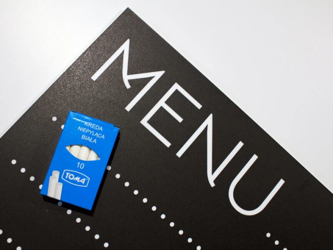 Chalkboard menu sign 021 - Graphic design with white text and dots on a black background.
