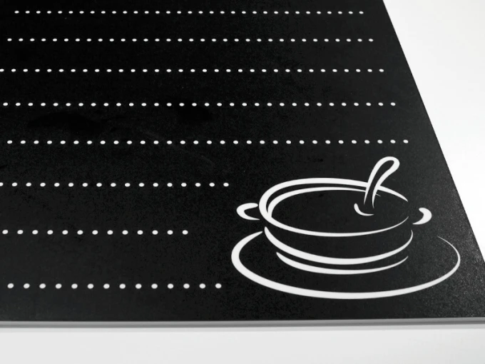 Chalkboard menu 021 - Graphic design. Black background with white lines and a cup illustration.