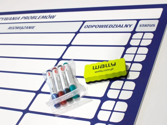 Lean 109 dry-erase problem-solving board - Graphic design with rectangular fields, headers, and icons.