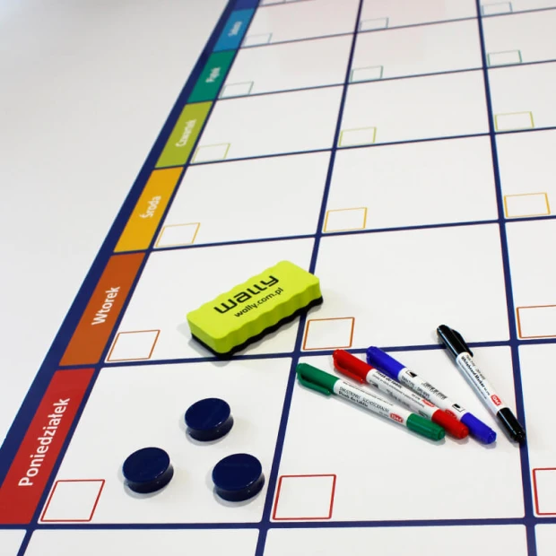 Magnetic dry-erase weekly planner board 273 - Graphic design with a simple grid and colorful day headers.