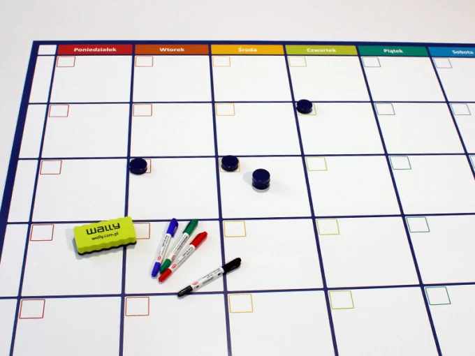 Magnetic dry-erase weekly planner board 273 - Graphic design with a simple grid and colorful day headers.