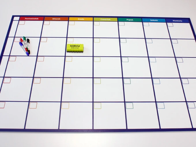 Weekly planner dry-erase board 273 - Graphic design. Simple grid with colorful headers for each day of the week.