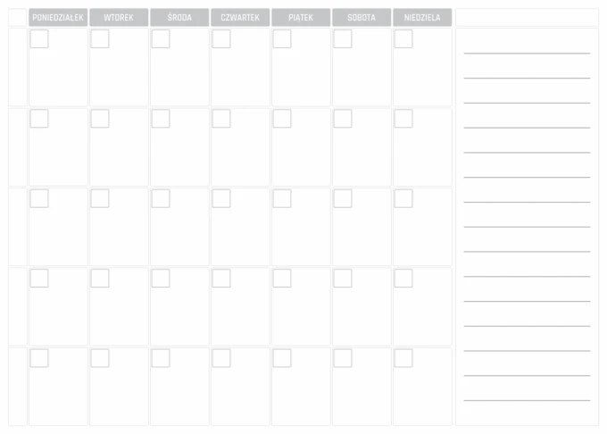 Weekly planner dry-erase board 323 - Graphic design. Simple grid with days of the week and space for notes.