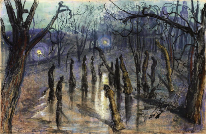 Reproduction of Chochoły (Planty at Night) by Stanisław Wyspiański. The artwork features figures in a dark setting.