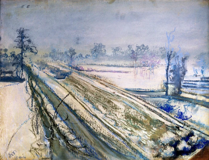 Reproduction of the view of Kościuszko Mound by artist Stanisław Wyspiański - Graphic design. The image depicts a landscape.
