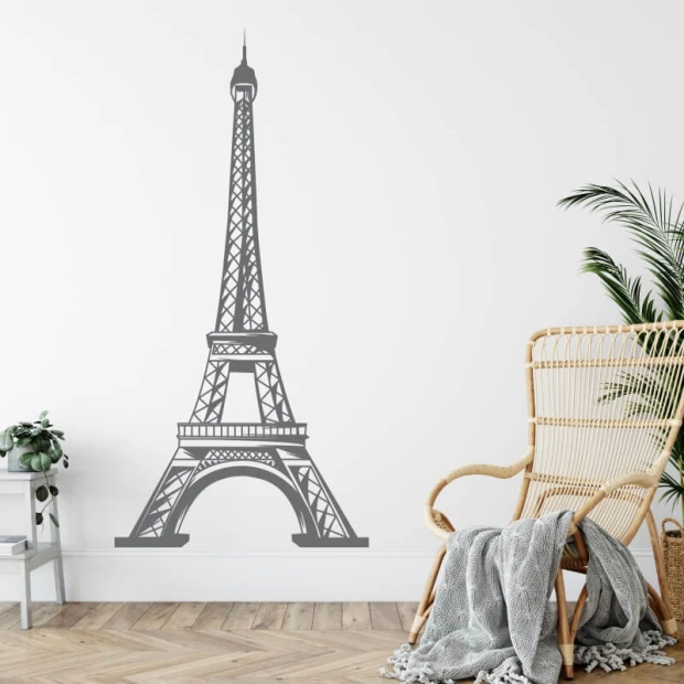 Elegant wall decoration featuring the Eiffel Tower, perfect for a modern living room in pastel shades.