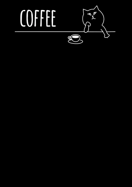 Coffee chalkboard 049 - Black background with white COFFEE text and a drawing of a cat holding a cup.