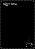 Chalkboard coffee menu 048 - Black background with white coffee menu text and cup illustration.