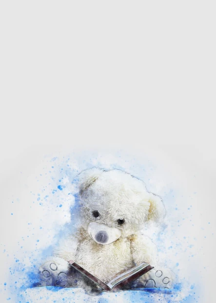 Dry-erase board for kids featuring a bear with a book, surrounded by blue spots.
