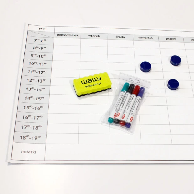 Magnetic whiteboard 040 weekly planner - Simple grid with days and hours, colorful design.