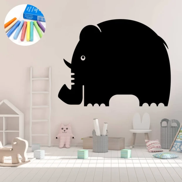 Chalk sticker 010 elephant - Decor for a child\'s room. Light-colored walls, wooden floor.