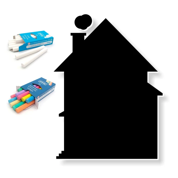 Chalkboard for kids in house shape with smoke design, includes chalk in various colors.