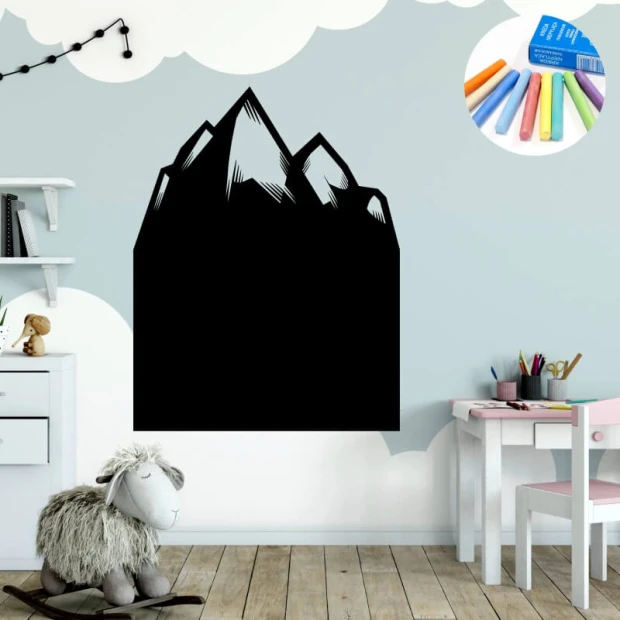 Chalk sticker for kids featuring mountains - Perfect for a child\'s room with light walls, wooden floor, and furniture.