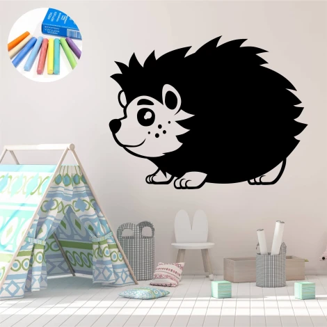Chalkboard sticker for kids - hedgehog design. Bright walls and pastel furniture in a children\'s room setting.