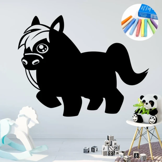 Chalkboard sticker for kids featuring a horse, perfect for bright children\'s rooms with toys.