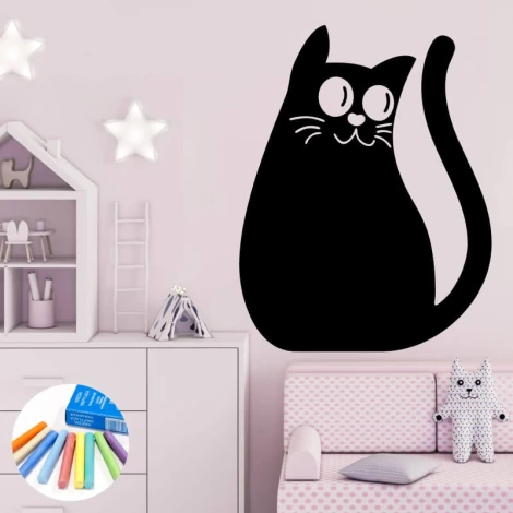 Chalkboard sticker for kids featuring a kitten, designed for a child\'s room with light walls and pastel furniture.