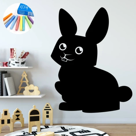 Chalkboard sticker for kids featuring a bunny, perfect for a bright children\'s room with a carpeted floor.