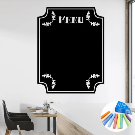 Chalkboard menu sticker for pubs - Cafe decor with light-colored walls and wooden furniture.