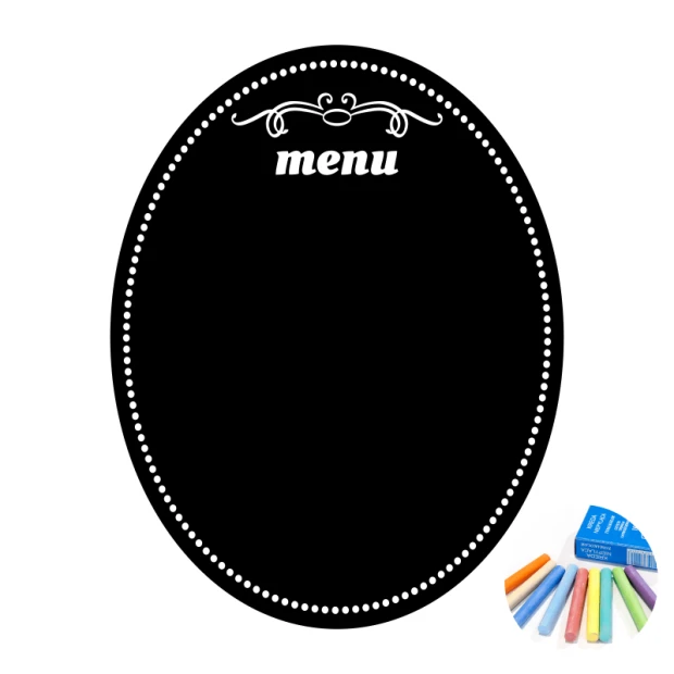 Chalkboard sticker for restaurant menu 275 - Round shape with menu text and decorative details.