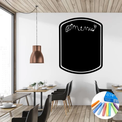Chalkboard menu sticker for restaurants. Light-colored walls, wooden elements, and metal accents.