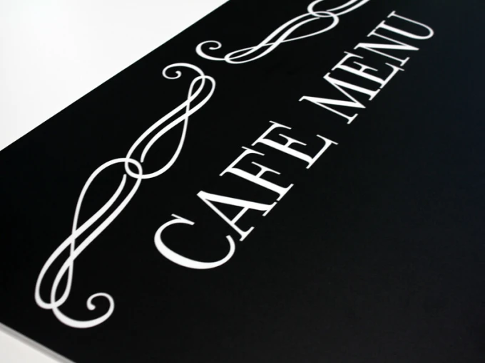 Chalkboard with cafe menu print 015 - Black background with white "CAFE MENU" text and decorative elements.