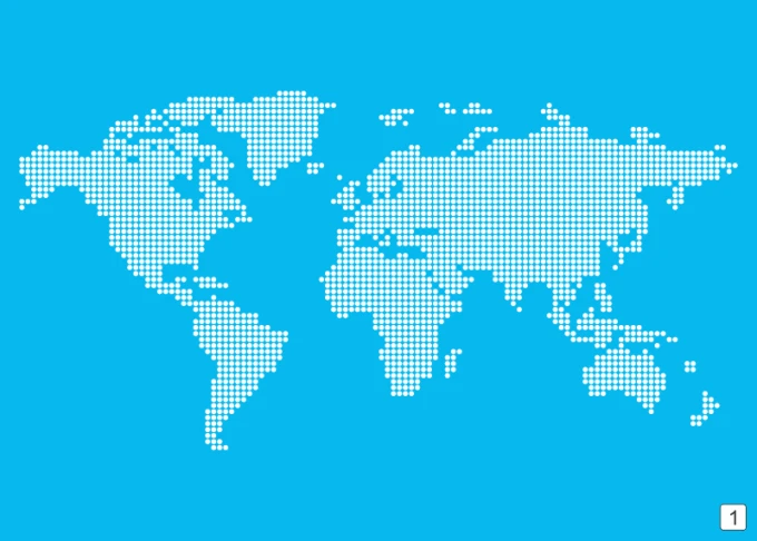 Dry-erase magnetic world map board 333 - Graphic design. World map in dots on a blue background.