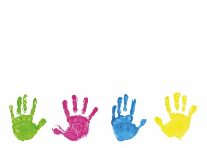 Handprint dry-erase board 336 - Graphic design. Four handprints in green, pink, and blue colors.