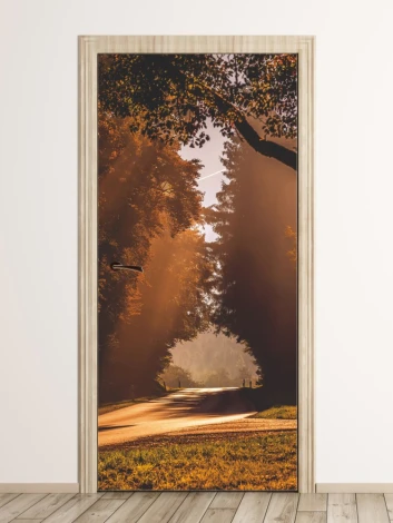 Forest path door sticker FP 6304 - Graphic design featuring a warm-toned tree-lined road.