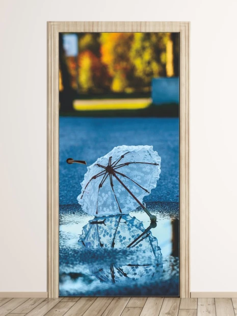 Door sticker wallpaper umbrella FP 6303 - Graphic design. Features an umbrella reflected in a puddle.