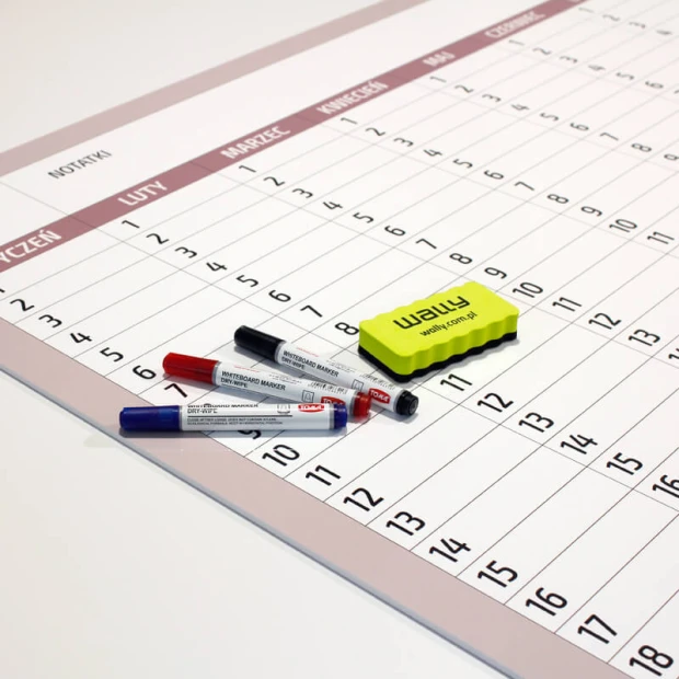 Universal yearly dry-erase calendar, Polish version 283 - features a graphic design with rectangular grids on a white background.