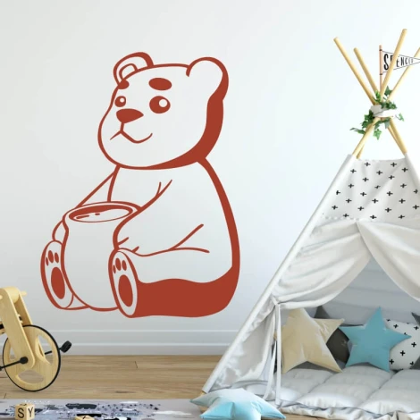 Kids\' wall sticker bear 2391 - Graphic design. Bear sitting with a jar, featuring a round head and large ears.