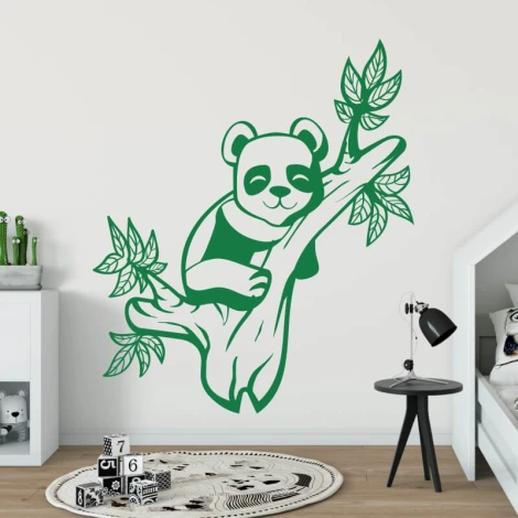 Wall sticker for kids featuring a panda sitting on a branch surrounded by green leaves.